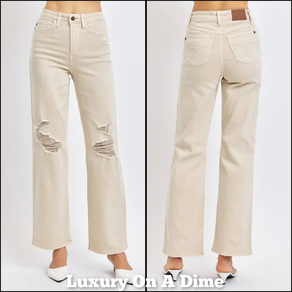 High Rise Mom Jeans Distressed Torn Knee Wide Leg Cream Denim Pants Judy Blue - Picture 13 of 14